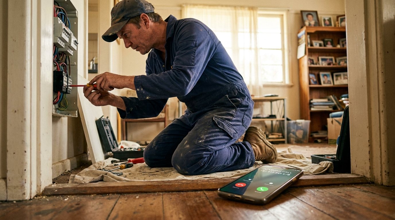 Sparky on the job while his phone rings on the floor