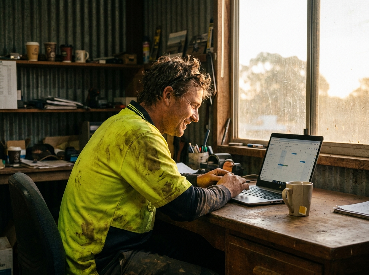 Tradie back in the shed later that day, reviewing his booked jobs on the laptop